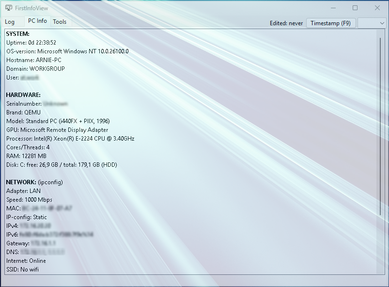 Info tab with system information