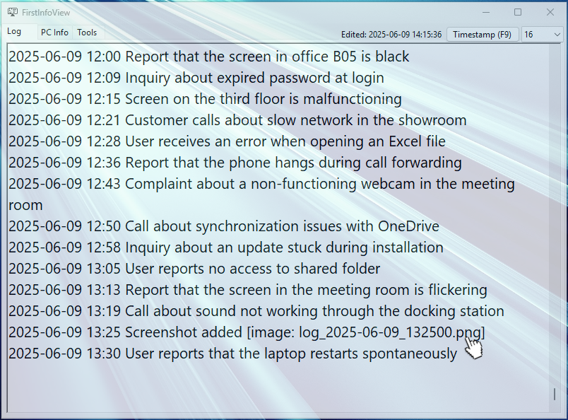 Log tab with incident registration